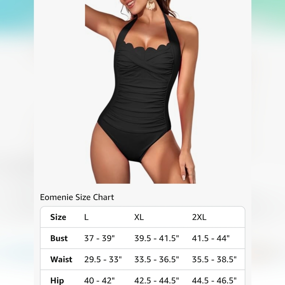 Elegant Black Halter Scallop Trim One-Piece Swimsuit - Picture 6 of 7
